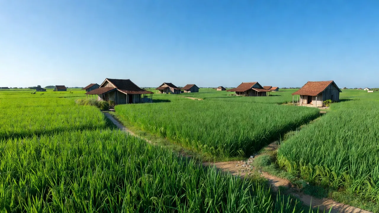 Cảnh đẹp xã An Khánh, huyện Châu Thành, tỉnh Đồng Tháp với đồng lúa xanh tươi và nhà truyền thống.