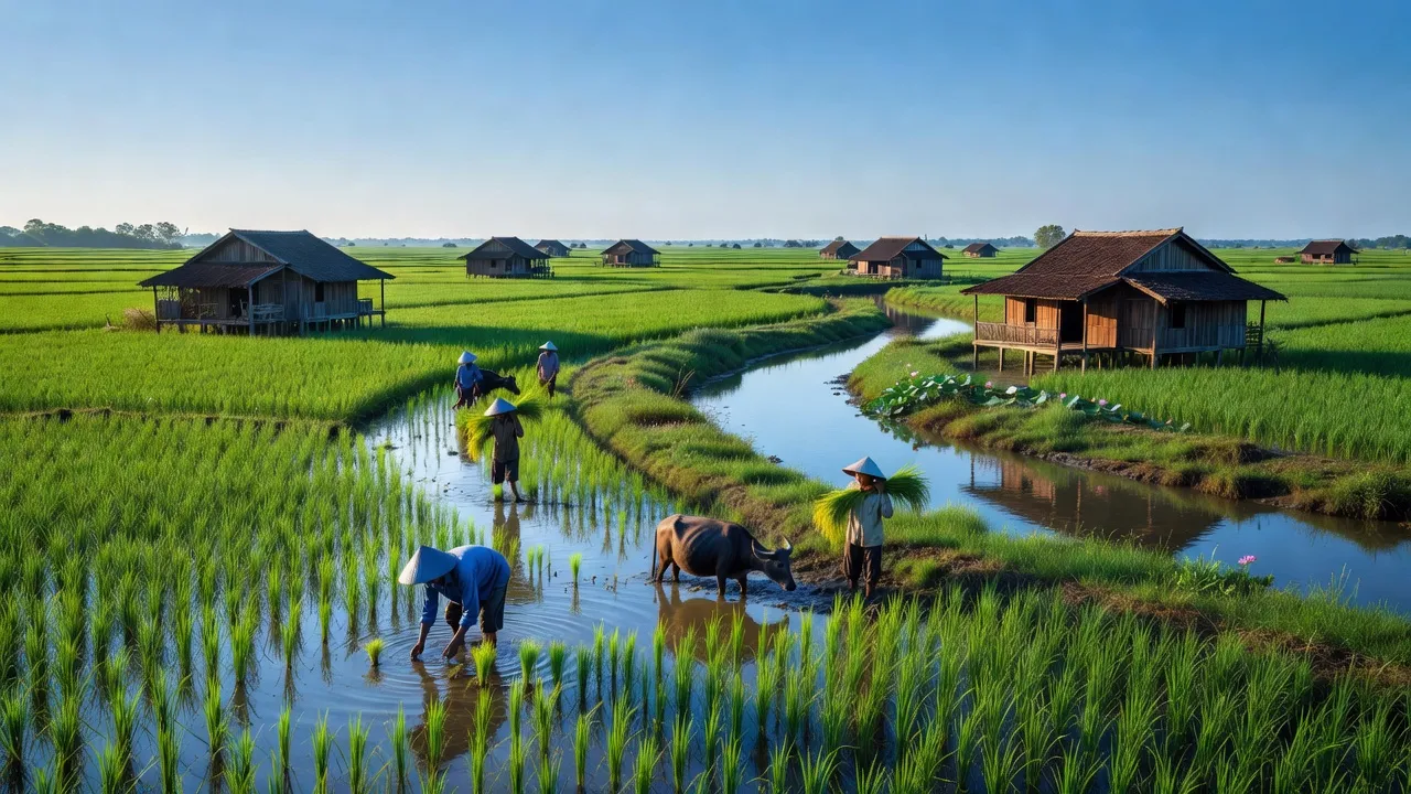Cảnh sắc xã An Khánh, huyện Châu Thành, Đồng Tháp với cánh đồng xanh và nhà truyền thống.