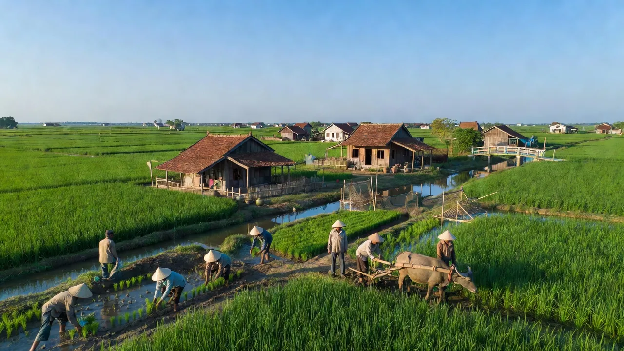 Cảnh sắc xã An Nhơn, huyện Châu Thành, tỉnh Đồng Tháp với ruộng xanh và nhà truyền thống.