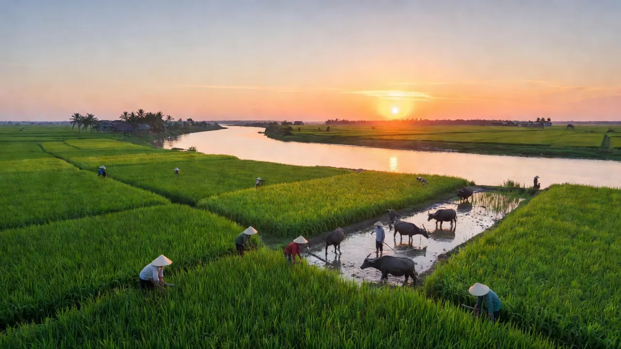 Khung cảnh thanh bình của xã An Nhơn, huyện Châu Thành, tỉnh Đồng Tháp với cánh đồng xanh tươi.