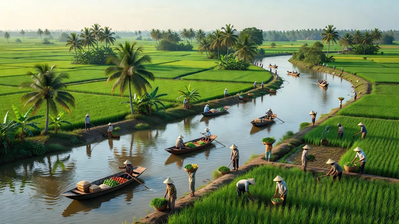 Cảnh quan xã An Phú Thuận, huyện Châu Thành với sông nước và người dân làm việc.