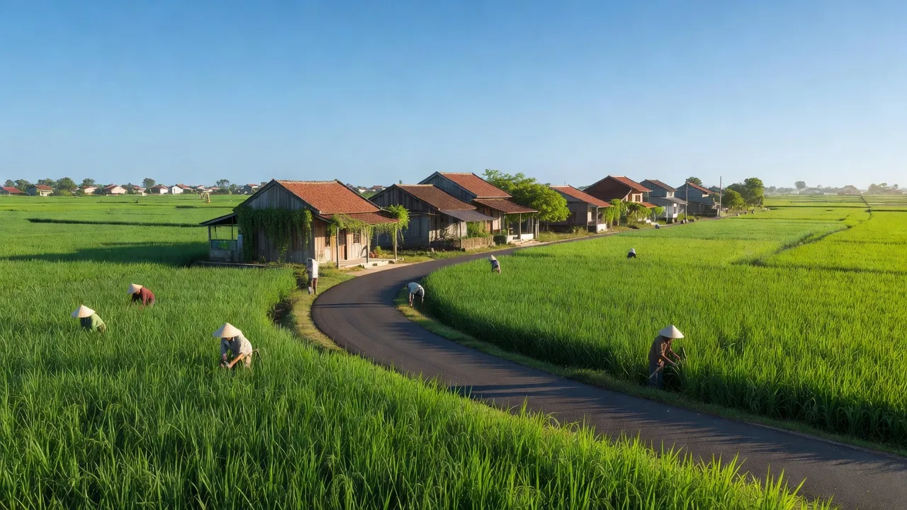 Cảnh quan thị trấn Cái Tàu Hạ, huyện Châu Thành, Đồng Tháp với cánh đồng xanh tươi và nhà truyền thống.