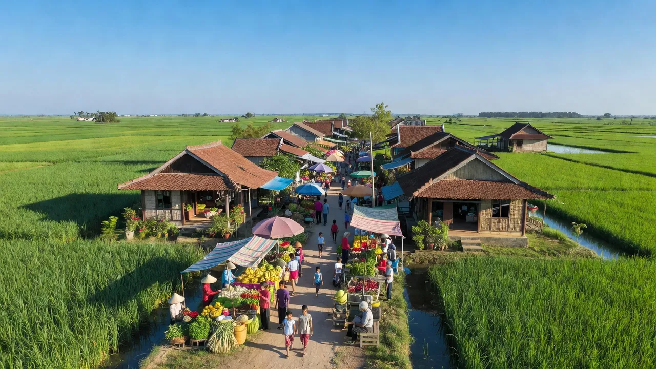 Cảnh đẹp xã Phú Hựu, huyện Châu Thành, Đồng Tháp với cánh đồng xanh và nhà truyền thống.