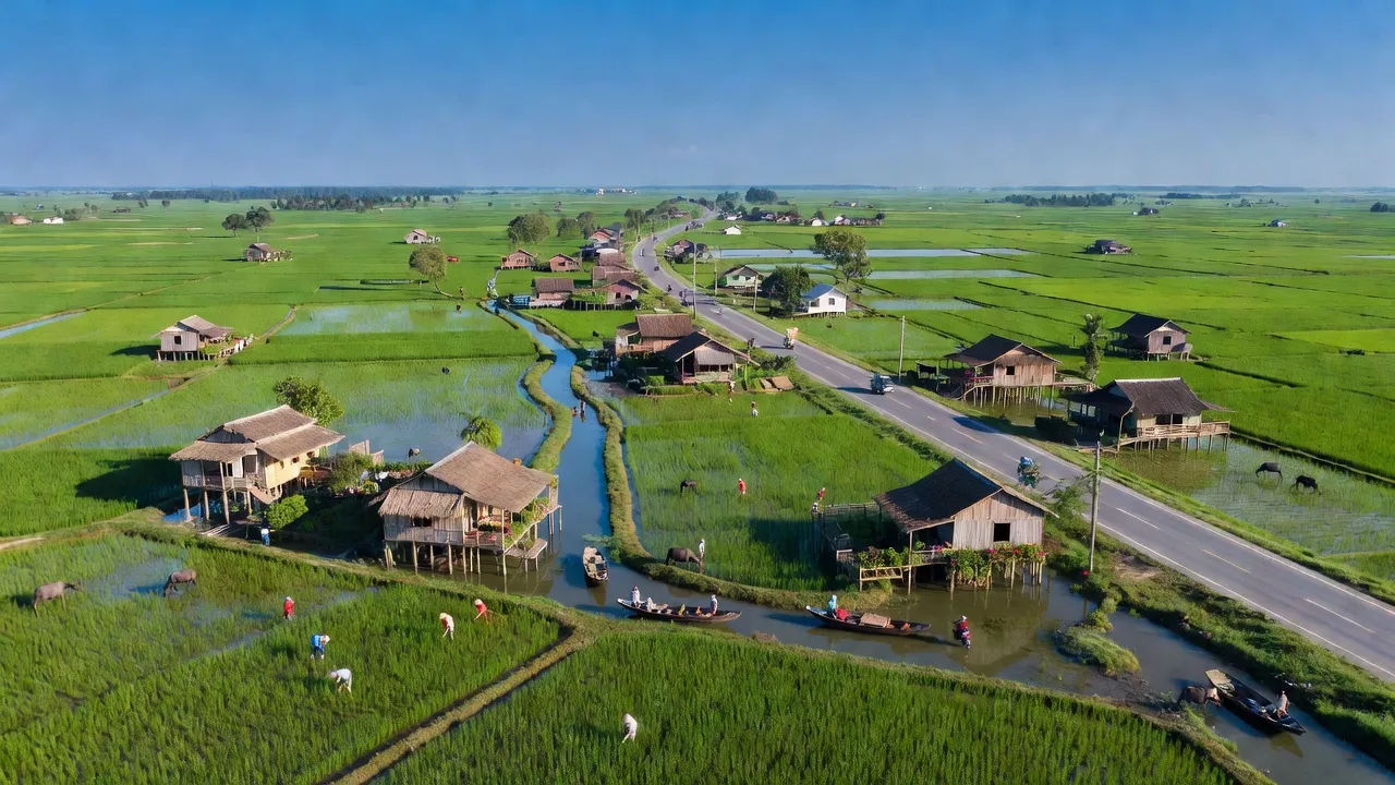 Khung cảnh xã Phú Hựu, huyện Châu Thành, Đồng Tháp với cánh đồng xanh và đường quốc lộ.