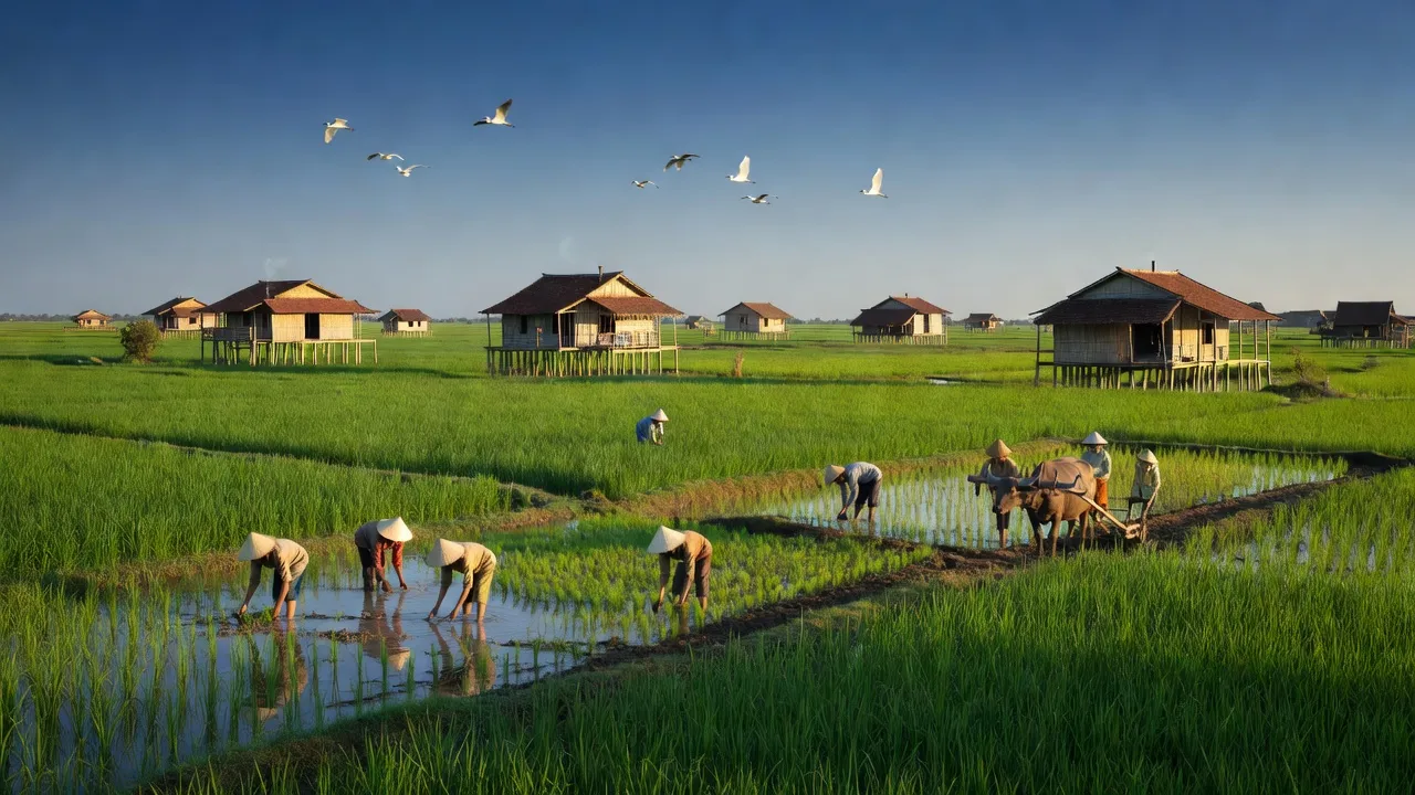 Cảnh làng quê xã Phú Long, huyện Châu Thành, tỉnh Đồng Tháp với cánh đồng xanh tươi