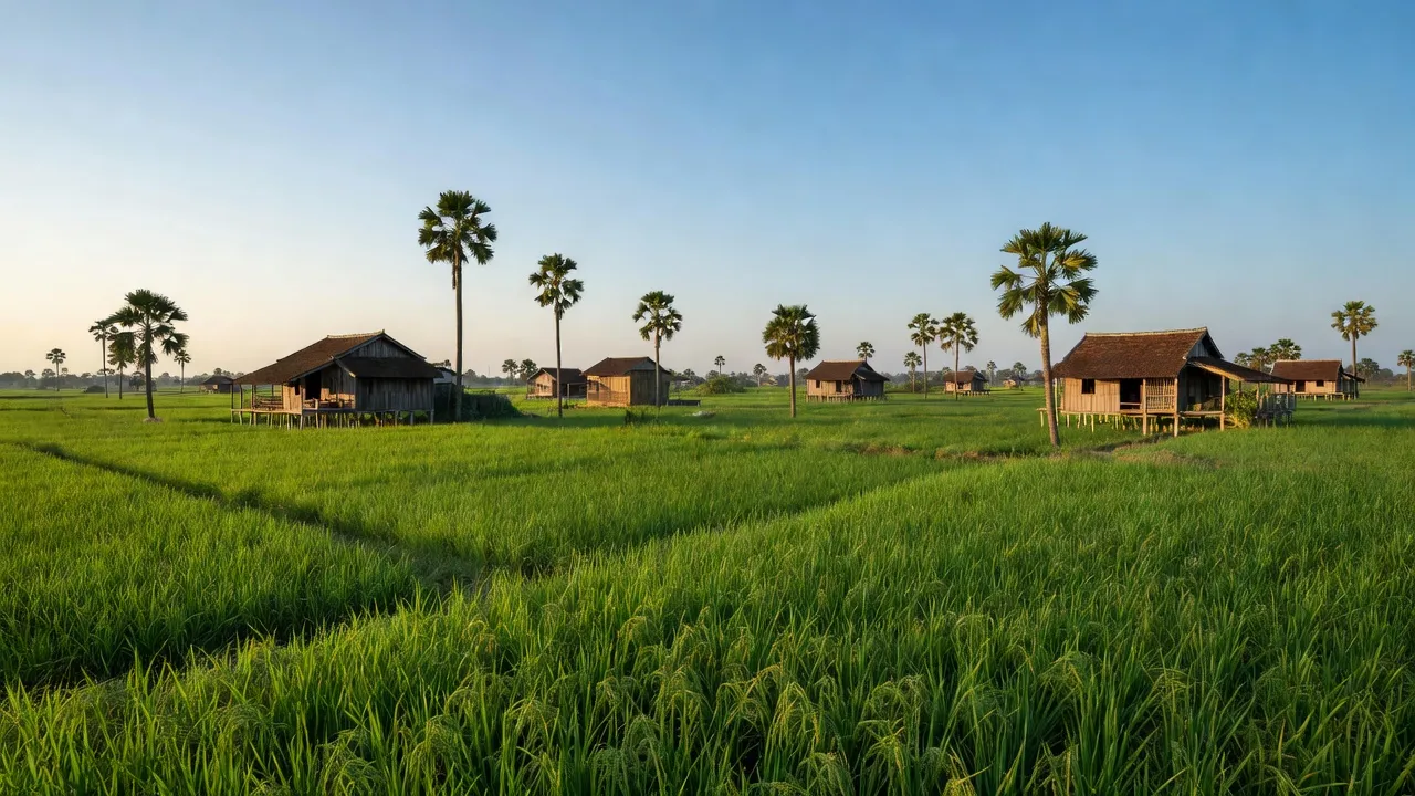 Cảnh quan nông thôn tại Xã Phú Long, Đồng Tháp với cánh đồng và nhà dân.