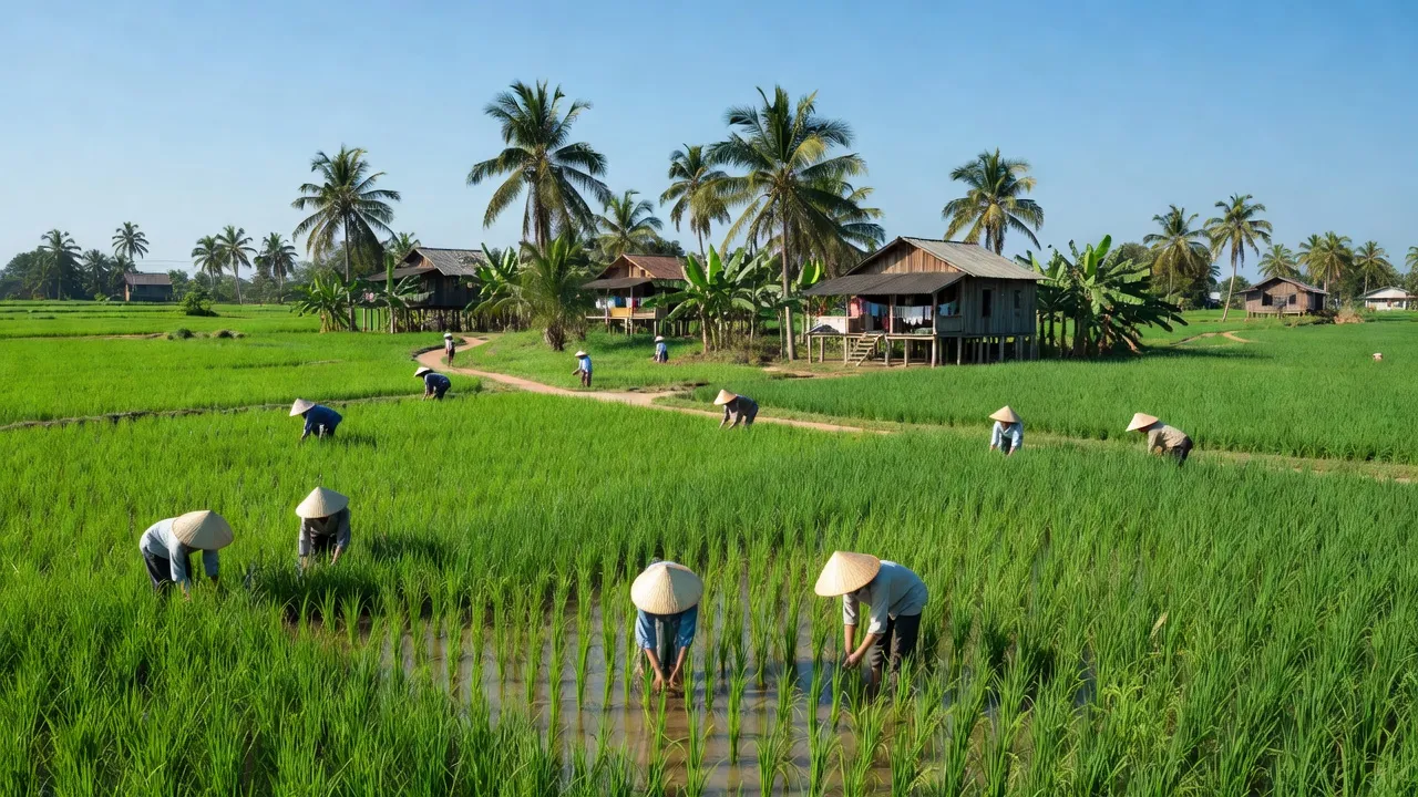 Phong cảnh nông thôn xã Tân Nhuận Đông, huyện Châu Thành, tỉnh Đồng Tháp với các cánh đồng xanh và người dân.