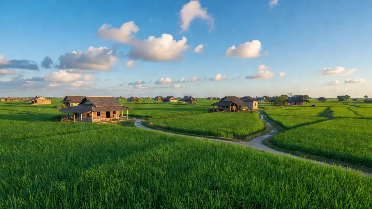 Cảnh đẹp xã Tân Phú Trung, Đồng Tháp với cánh đồng xanh và nhà truyền thống.