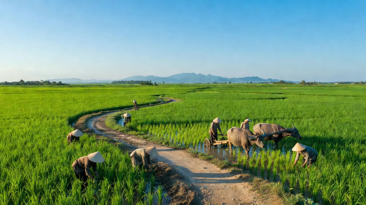 Cảnh quan nông nghiệp xã Tân Phú, huyện Châu Thành, tỉnh Đồng Tháp với cánh đồng xanh mướt.