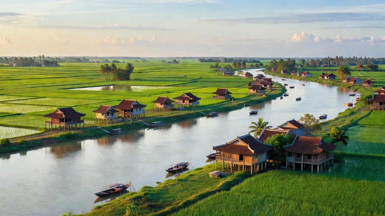 Cảnh đẹp huyện Hồng Ngự, Đồng Tháp với sông nước, cánh đồng xanh và nhà truyền thống.