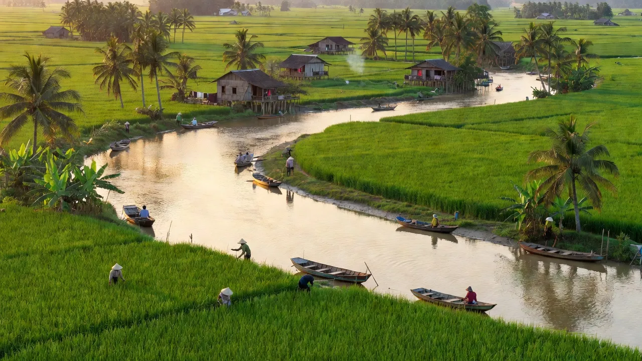 Cảnh quan thiên nhiên ở phường An Bình A, Huyện Hồng Ngự, Đồng Tháp, với cánh đồng và dòng sông.
