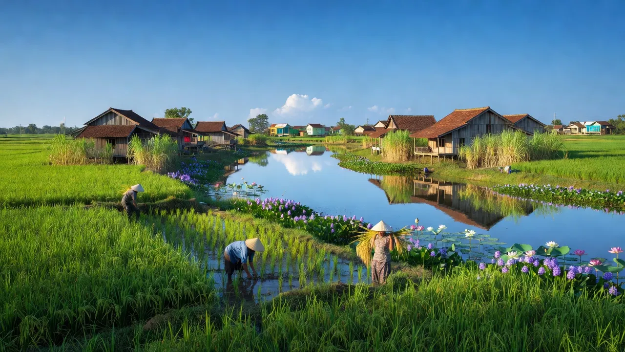 Cảnh quan xanh mướt tại Phường An Bình A, Huyện Hồng Ngự với ruộng lúa và sông nước trong lành.