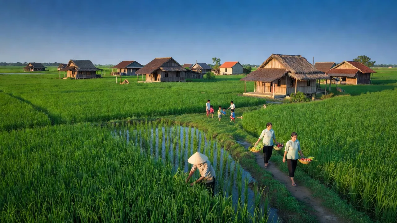 Cảnh đẹp Phường An Bình B, Huyện Hồng Ngự, Đồng Tháp với cánh đồng xanh và nhà truyền thống.