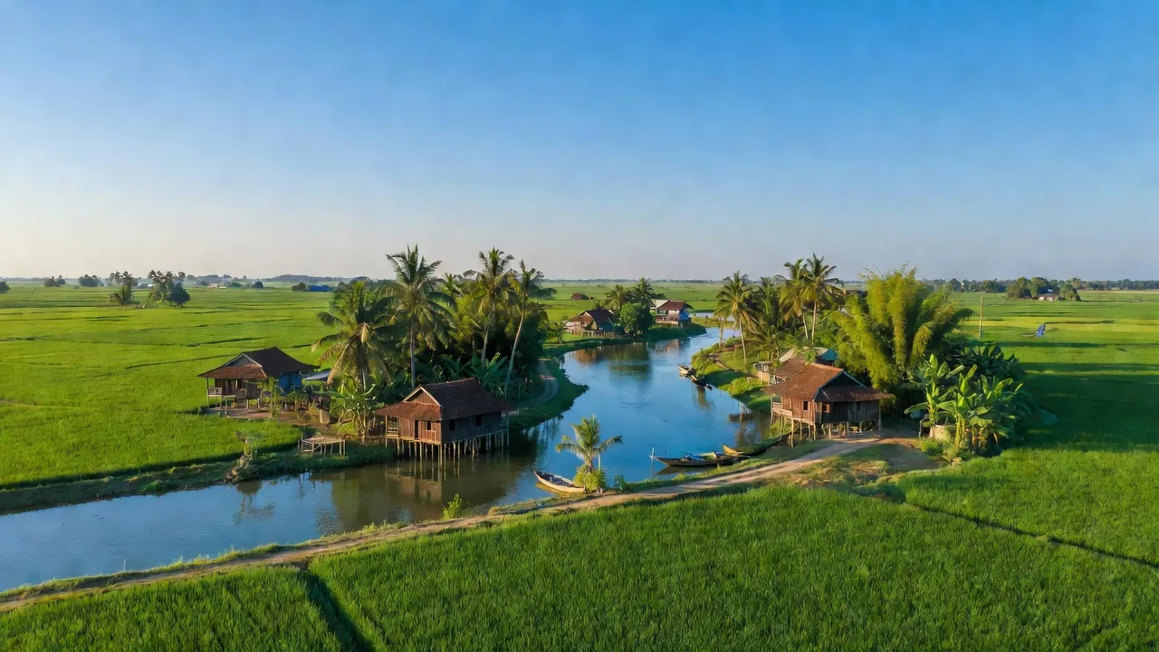 Khung cảnh thanh bình Phường An Bình B, Huyện Hồng Ngự, Đồng Tháp với sông và nhà cửa.