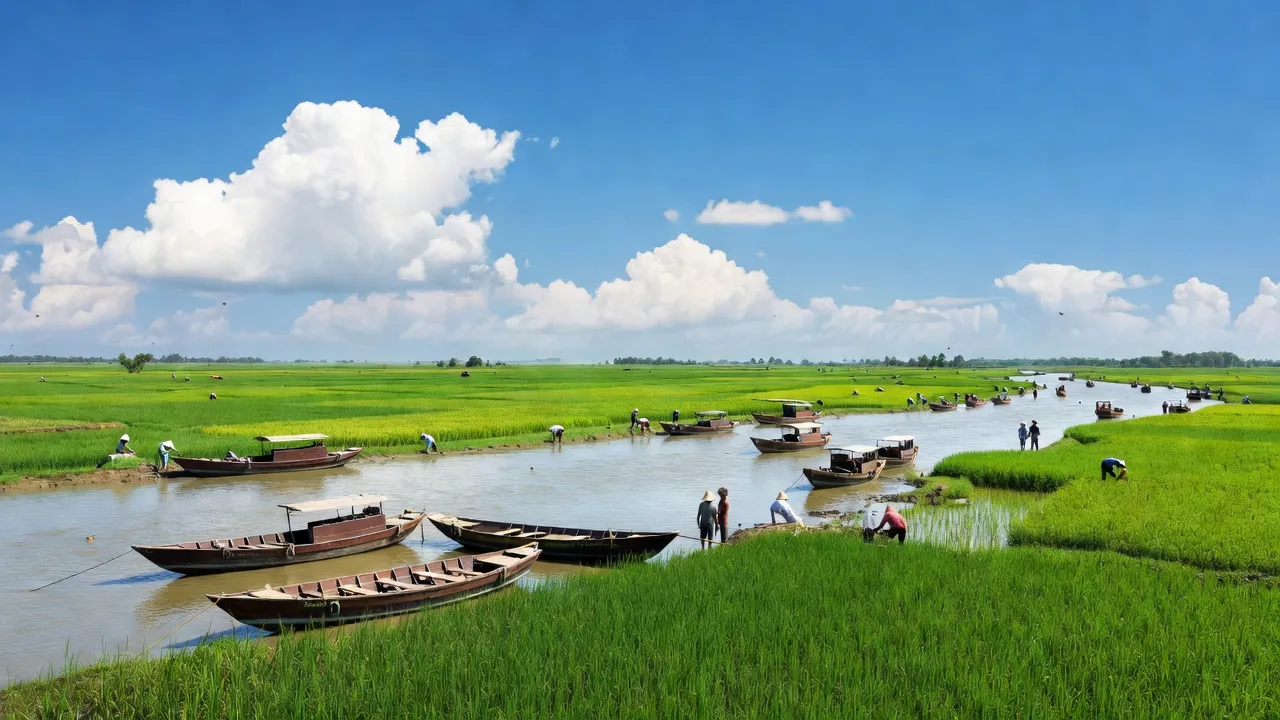 Khung cảnh xanh mát của An Lộc, Hồng Ngự, Đồng Tháp với sông Tiền và ruộng lúa.