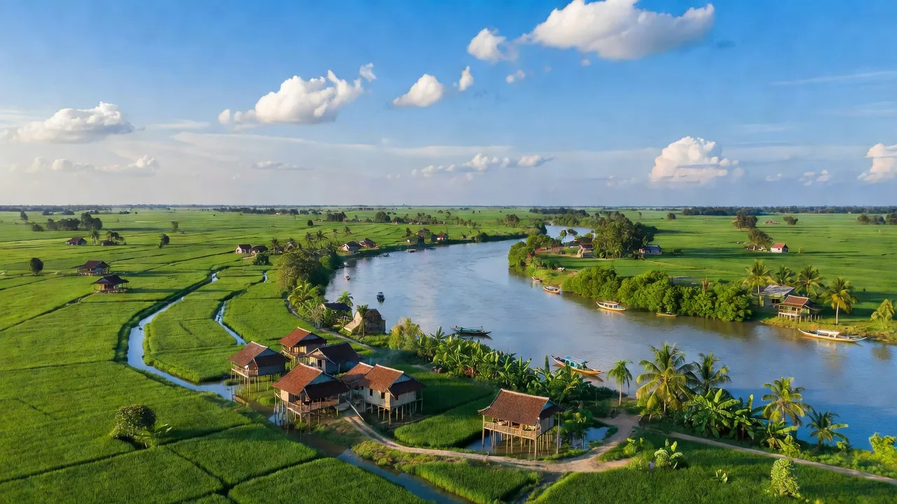 Khung cảnh Phường An Thạnh, Huyện Hồng Ngự, Tỉnh Đồng Tháp với cánh đồng xanh và dòng sông Mekong.