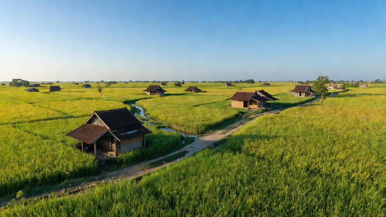 Khung cảnh xã Bình Thạnh, huyện Hồng Ngự với cánh đồng xanh và nhà truyền thống Việt Nam.