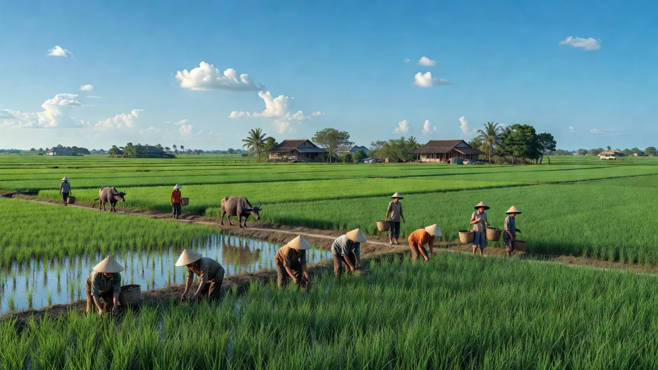 Khung cảnh Xã Long Khánh A, huyện Hồng Ngự, với ruộng lúa và bầu trời xanh.