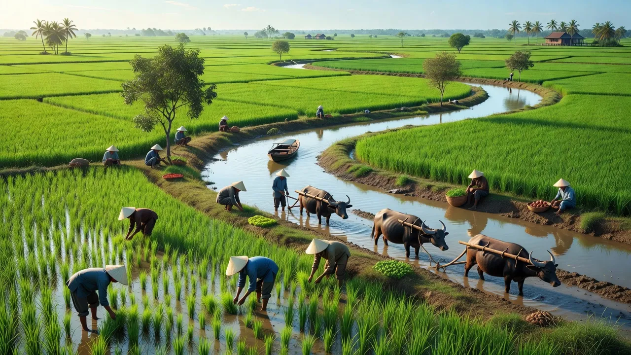 Cảnh quan xanh tươi tại xã Long Khánh B, huyện Hồng Ngự, với sông rạch và hoạt động nông nghiệp.