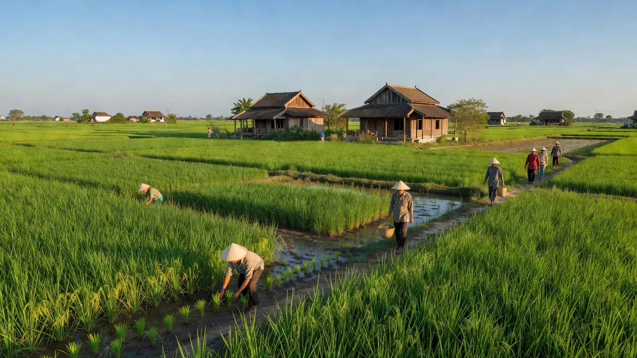 Cảnh làng Phú Thuận A, huyện Hồng Ngự, tỉnh Đồng Tháp, với cánh đồng xanh và nhà truyền thống.