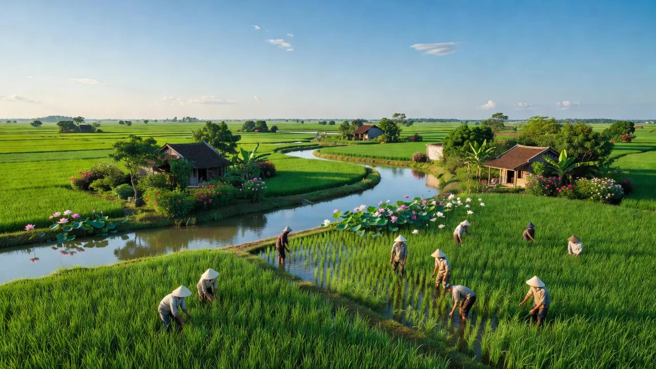 Cảnh đồng xanh và sông nước tại xã Phú Thuận B, huyện Hồng Ngự, Đồng Tháp, thể hiện vẻ đẹp nông thôn.