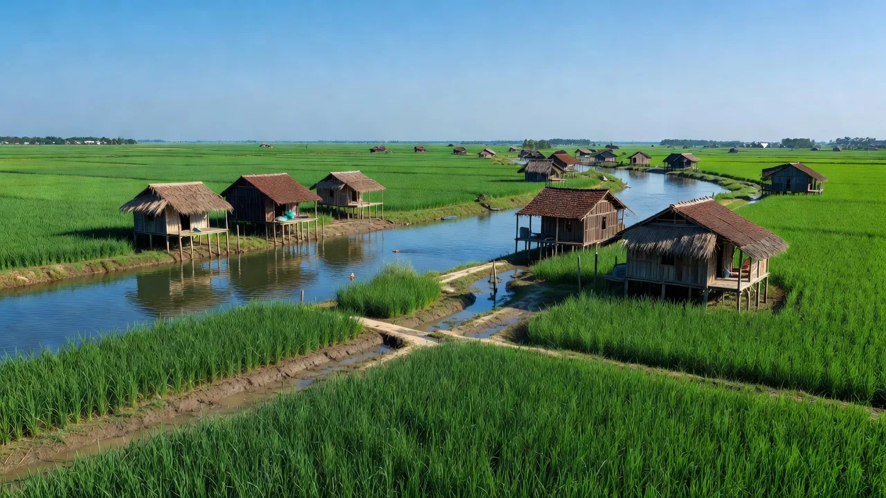 Cảnh đẹp xã Tân Hội, Huyện Hồng Ngự với cánh đồng lúa và bầu trời trong xanh.