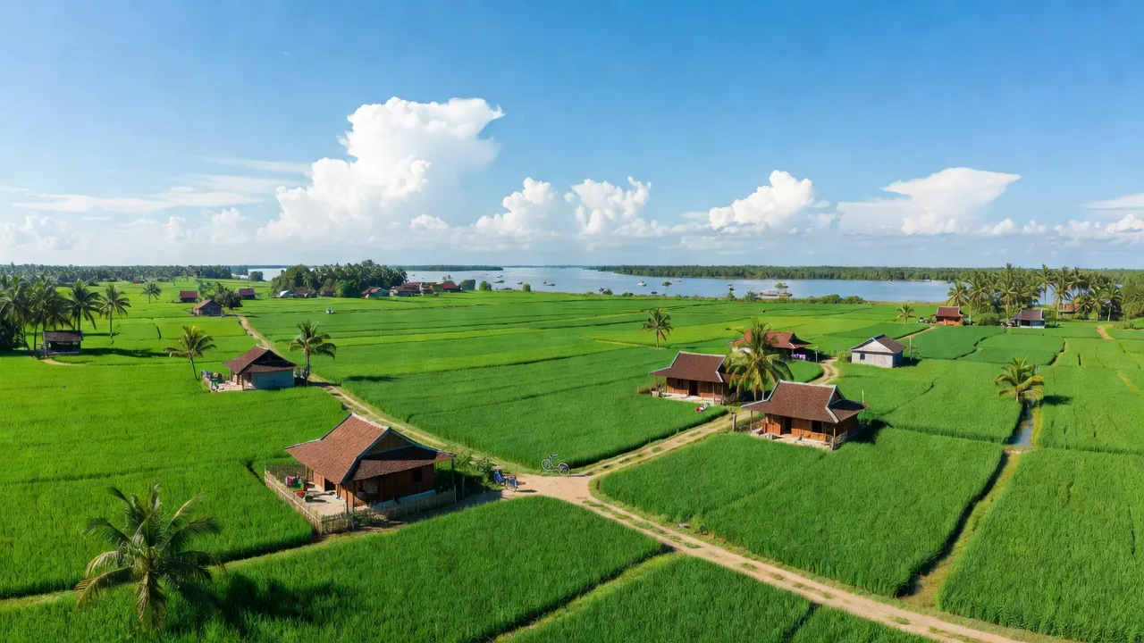 Khung cảnh Xã Tân Hội, Huyện Hồng Ngự, Đồng Tháp với đồng lúa xanh tươi và nhà truyền thống.