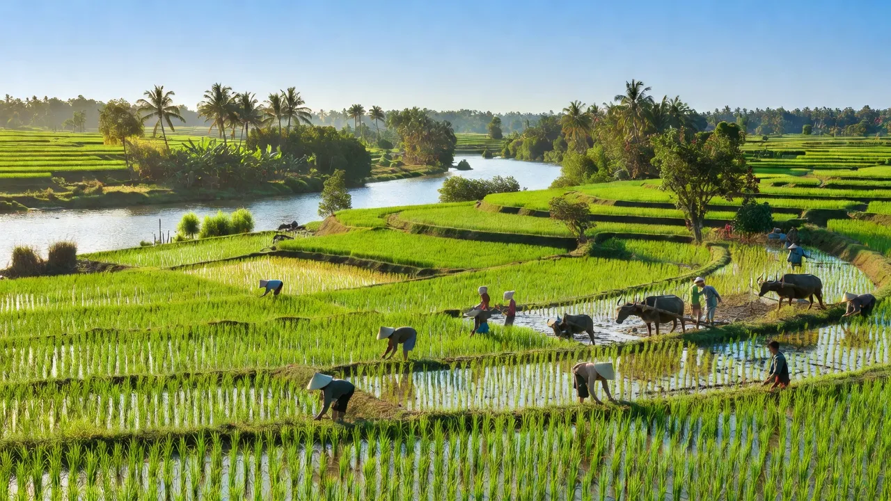 Cảnh đồng xanh tươi ở xã Thường Lạc, huyện Hồng Ngự, Đồng Tháp, sông Tiền lấp lánh.