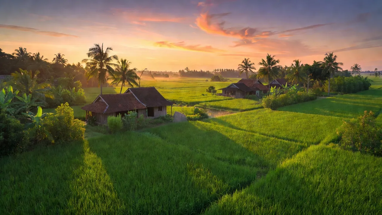 Thường Phước 1, Hồng Ngự, Đồng Tháp with rice fields and traditional houses at sunset.