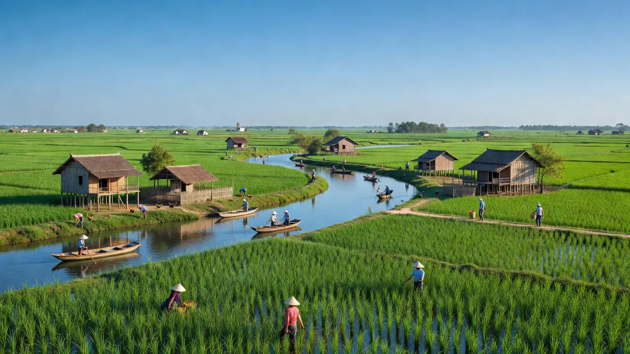 Khung cảnh yên bình xã Thường Phước 2, huyện Hồng Ngự, tỉnh Đồng Tháp với cánh đồng và dòng sông.