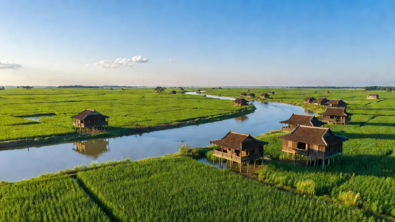 Phong cảnh thanh bình xã Thường Phước 2, huyện Hồng Ngự, tỉnh Đồng Tháp với cánh đồng xanh tươi.