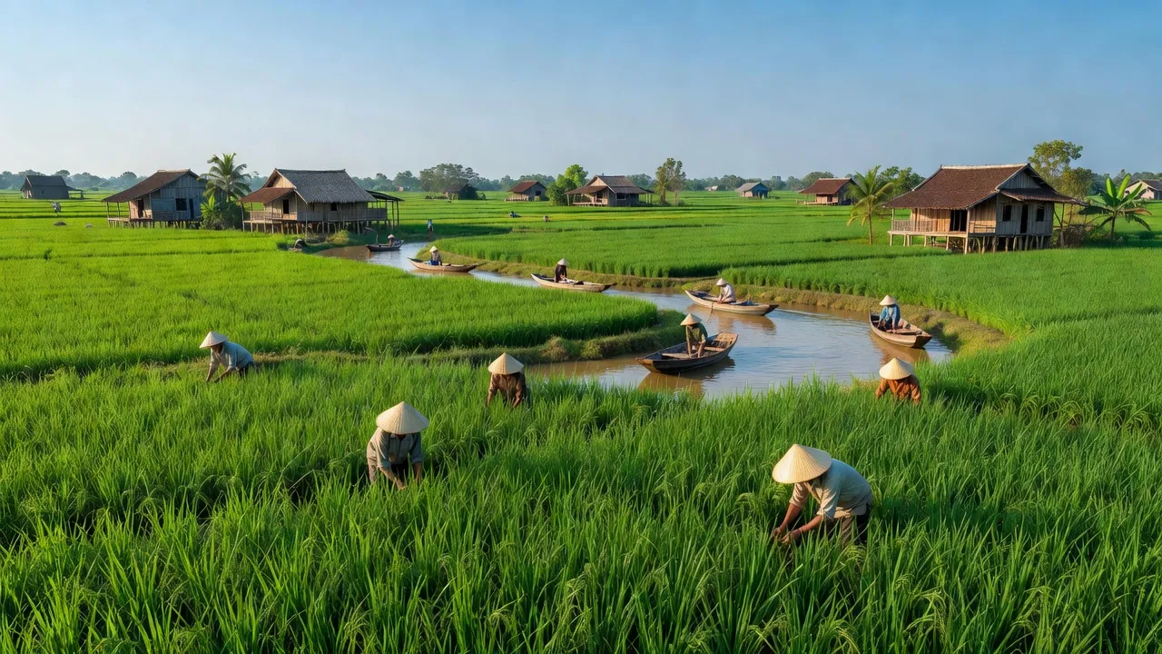 Khung cảnh nông thôn Thường Thới Hậu A, huyện Hồng Ngự, Đồng Tháp với cánh đồng xanh tươi.