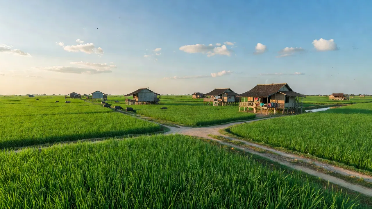 Thị trấn Thường Thới Tiền, huyện Hồng Ngự, Đồng Tháp với cánh đồng xanh và bầu trời trong xanh.
