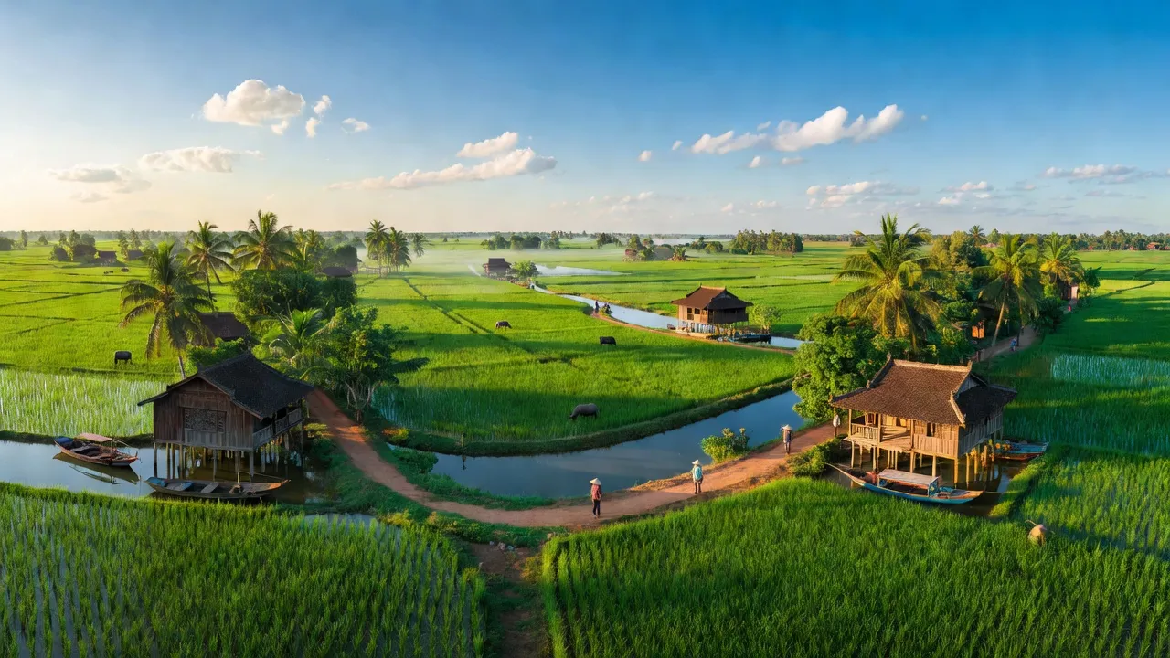 Thị trấn Thường Thới Tiền, Huyện Hồng Ngự, tỉnh Đồng Tháp, với kiến trúc và đồng ruộng xanh tươi.