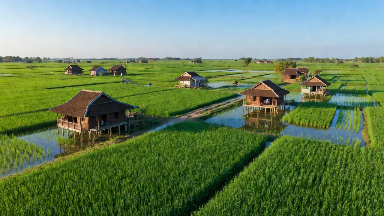 Cảnh quan xã Long Hậu, huyện Lai Vung, tỉnh Đồng Tháp với cánh đồng xanh và nhà truyền thống.