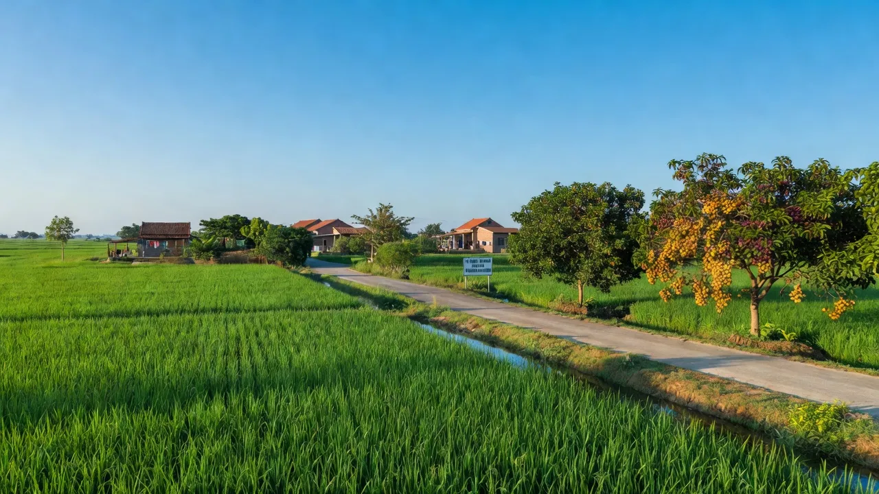 Cánh đồng xanh và cây trái ở xã Long Thắng, huyện Lai Vung, Đồng Tháp, biểu tượng nông thôn mới.