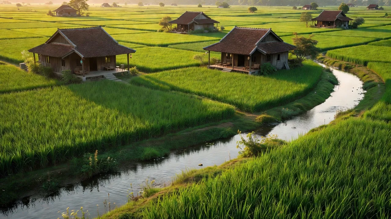 Cảnh đẹp nông thôn xã Tân Dương, huyện Lai Vung, tỉnh Đồng Tháp, với cánh đồng xanh và nhà cửa truyền thống.