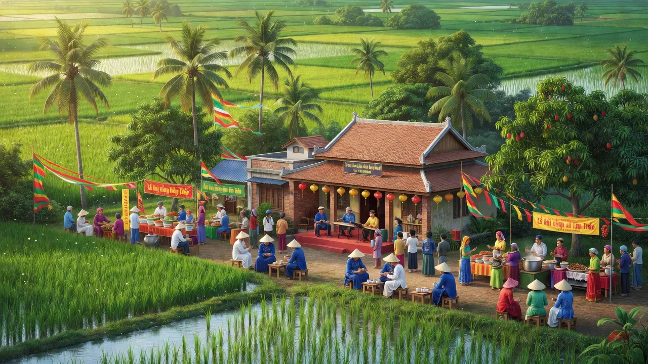 Cảnh quan xã Tân Hòa, huyện Lai Vung, Đồng Tháp với cánh đồng xanh và hoạt động cộng đồng.