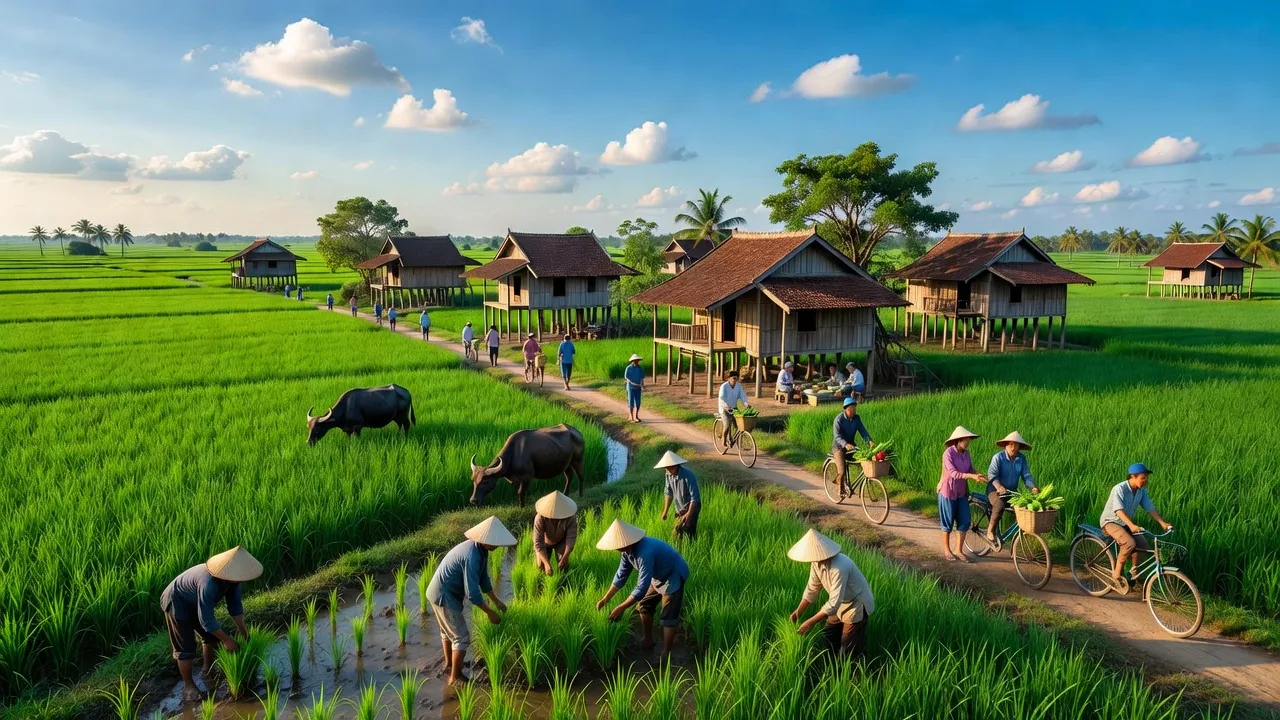 Khung cảnh Xã Tân Hòa, huyện Lai Vung với đồng xanh và hoạt động cộng đồng sinh động.