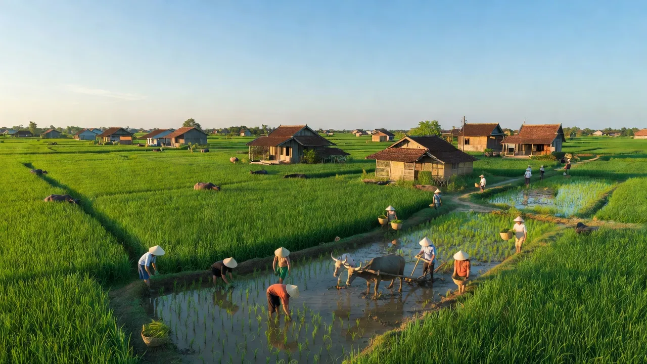 Cảnh đẹp xã Tân Thành, huyện Lai Vung, tỉnh Đồng Tháp với cánh đồng xanh tươi và nhà truyền thống.