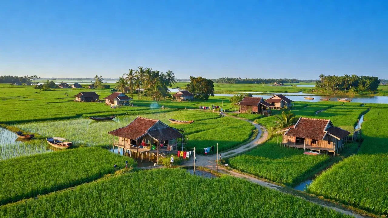 Cảnh sắc Xã Tân Thành, huyện Lai Vung, Đồng Tháp với ruộng xanh và bầu trời trong xanh.
