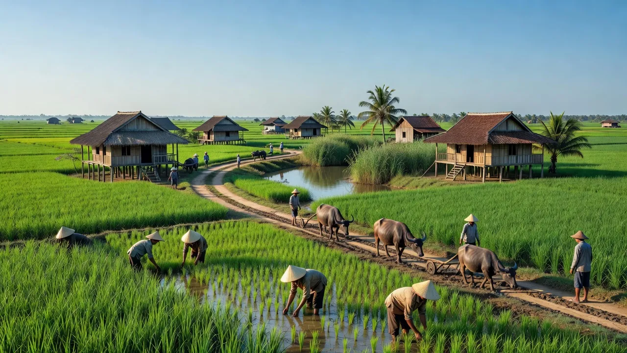Cảnh quan xã Vĩnh Thới, huyện Lai Vung, Đồng Tháp với cánh đồng xanh và nhà truyền thống.