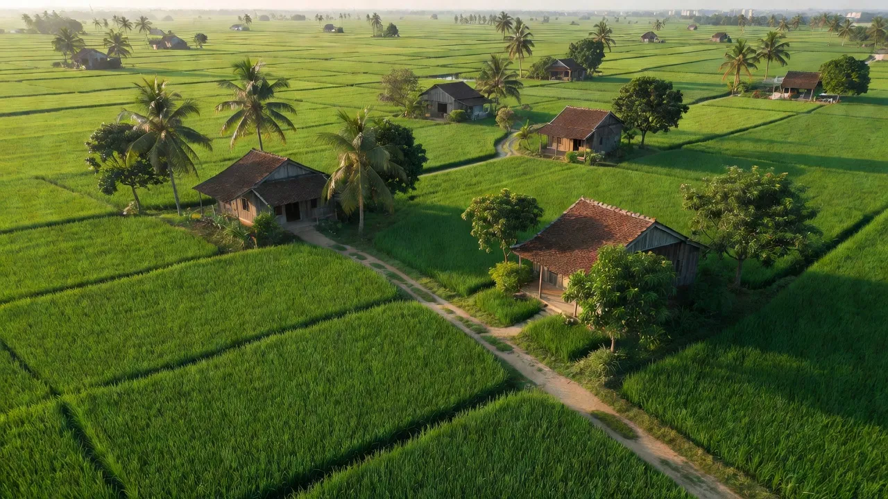 Cảnh quan huyện Lấp Vò, Đồng Tháp với cánh đồng xanh và nhà nông thôn truyền thống.