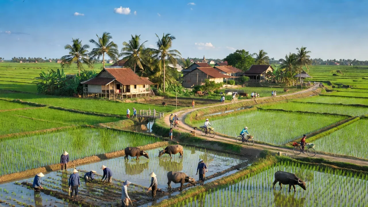 Cảnh sắc xã Bình Thạnh Trung, huyện Lấp Vò, Đồng Tháp với đồng ruộng xanh và nhà cửa dân dã.