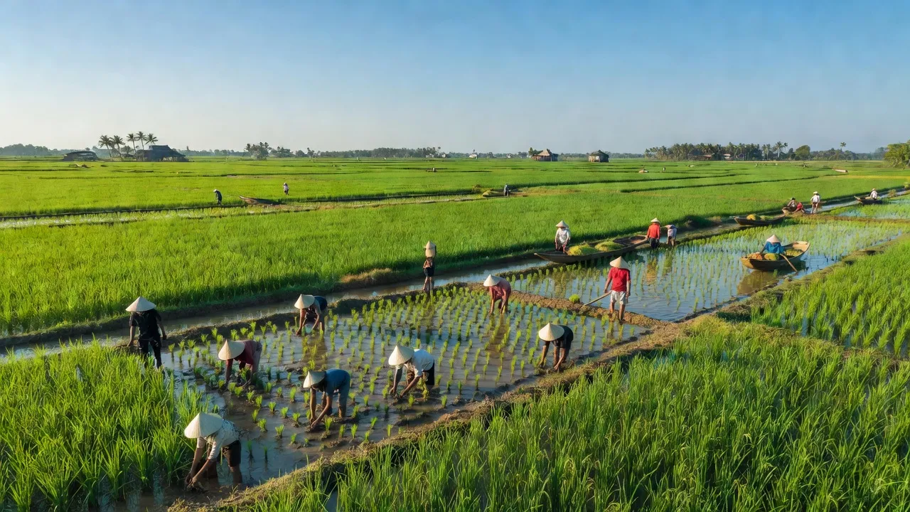 Cảnh đẹp xã Bình Thành, huyện Lấp Vò, tỉnh Đồng Tháp với cánh đồng lúa và sông ngòi.