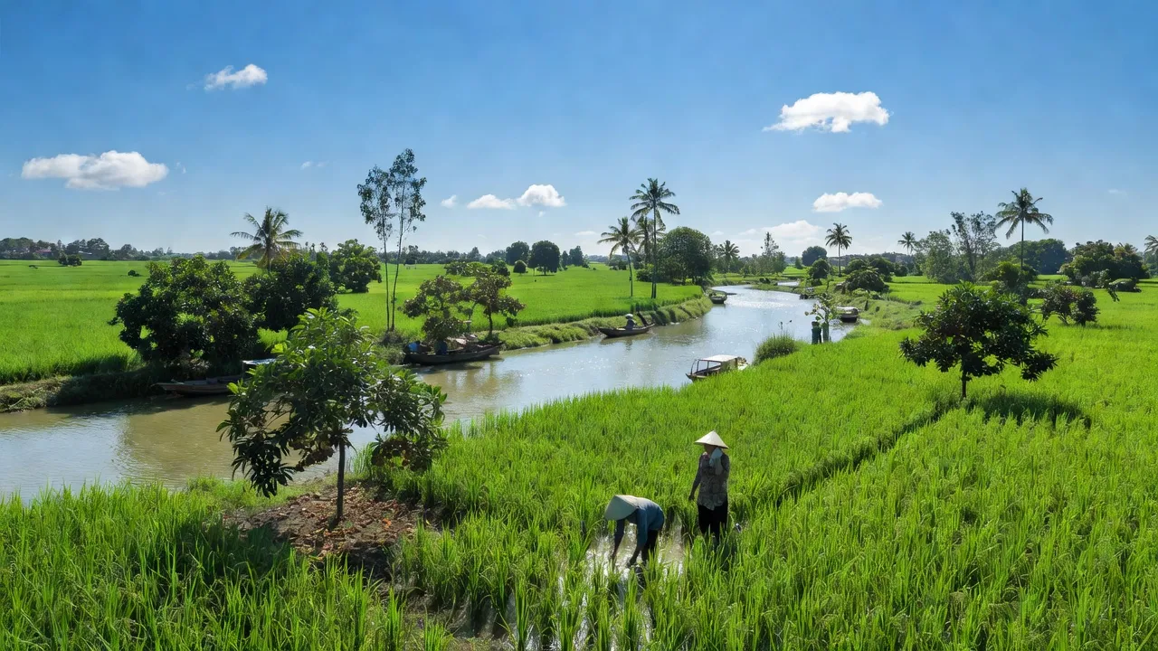 Cảnh đồng quê xã Bình Thành, huyện Lấp Vò, tỉnh Đồng Tháp với đồng lúa và sông Tiền.