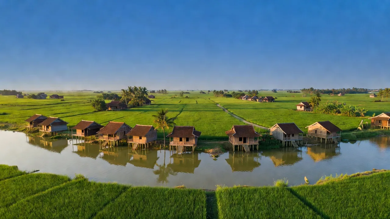 Khung cảnh xã Định An, huyện Lấp Vò, Đồng Tháp với sông Hậu và nhà truyền thống.