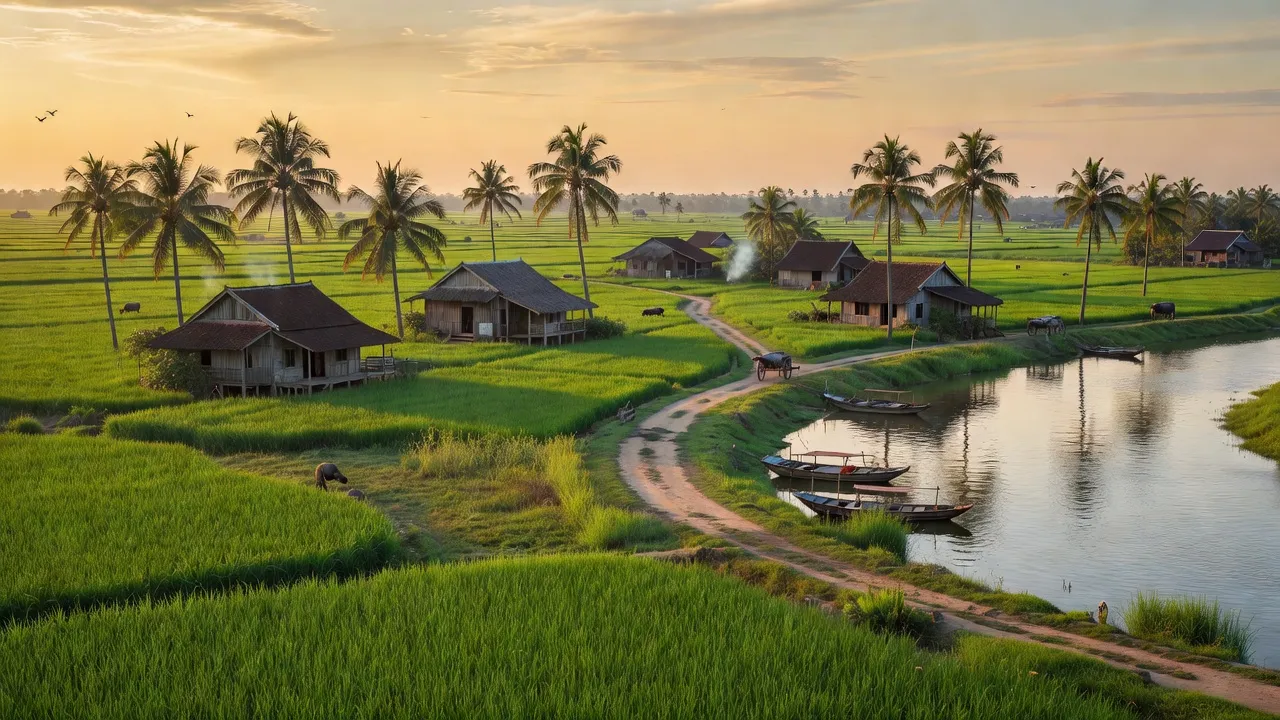 Phong cảnh Xã Định An, huyện Lấp Vò, tỉnh Đồng Tháp với sông Hậu và đồng xanh.