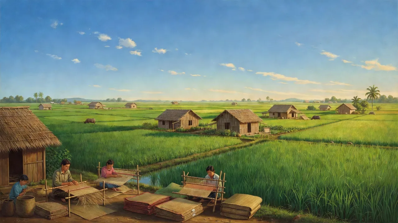 Cảnh đẹp xã Định Yên, Đồng Tháp với đồng ruộng, người dân làm chiếu và bầu trời trong.