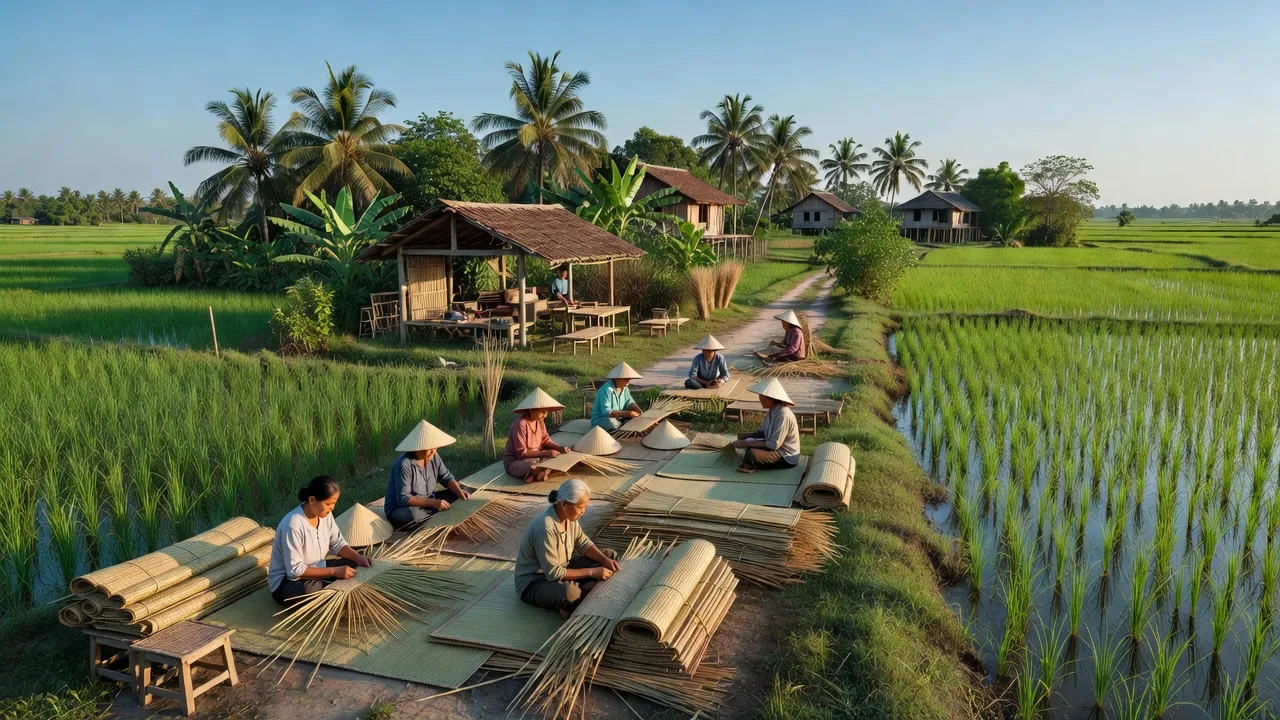 Khung cảnh bình yên xã Định Yên, huyện Lấp Vò với nghề chiếu truyền thống giữa cánh đồng xanh.